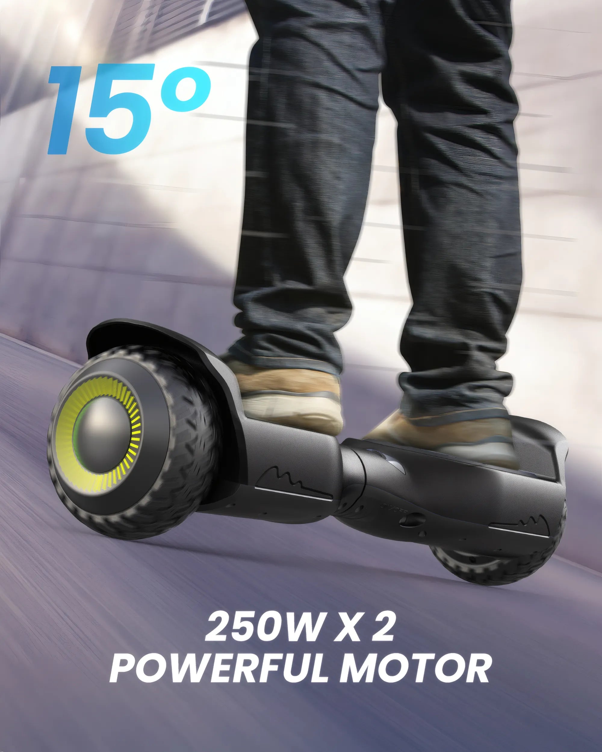 Person riding a GYROOR G13 off-road hoverboard with text indicating 15° angle and 250W x 2 powerful motor.