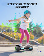 Child riding a GYROOR G13 off-road hoverboard with stereo Bluetooth speaker on a sunny day.