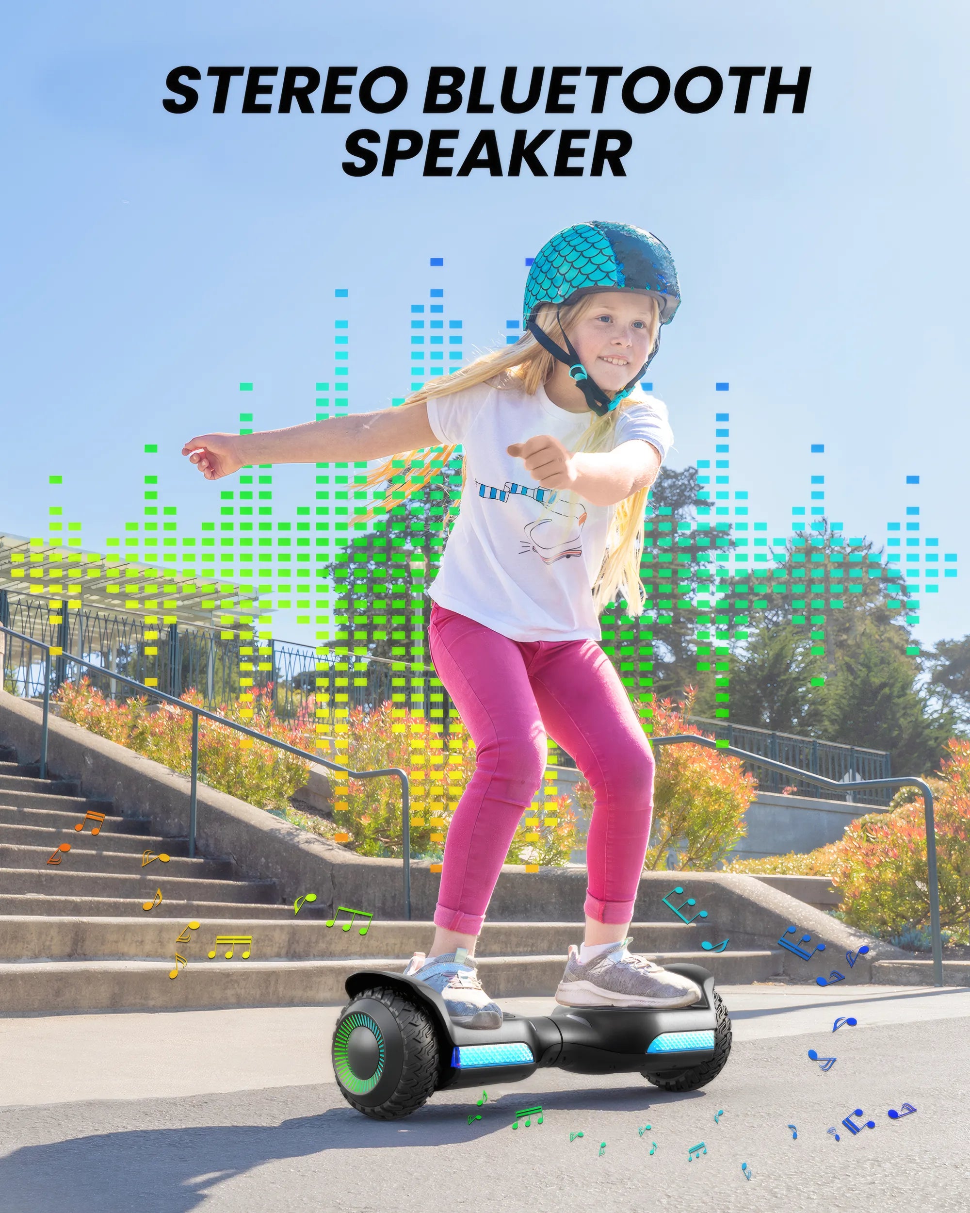 Child riding a GYROOR G13 off-road hoverboard with stereo Bluetooth speaker on a sunny day.