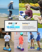 Collage of people using hoverboards with a GYROOR advertisement overlay, denoting 10000000 happy clients and a five-star review.