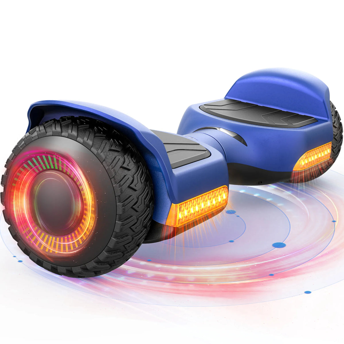 GYROOR G13 off-road hoverboard - Blue -  with colorful wheel design and colour notes and constellations of light on a white background