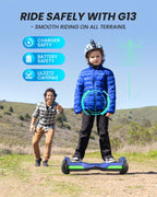 Child on a hoverboard with adult beside, outdoors, promoting  GYROOR G13 off-road hoverboard safety features.