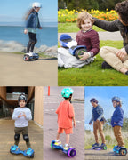 Collage of children using GYROOR G13 off-road hoverboards in various settings
