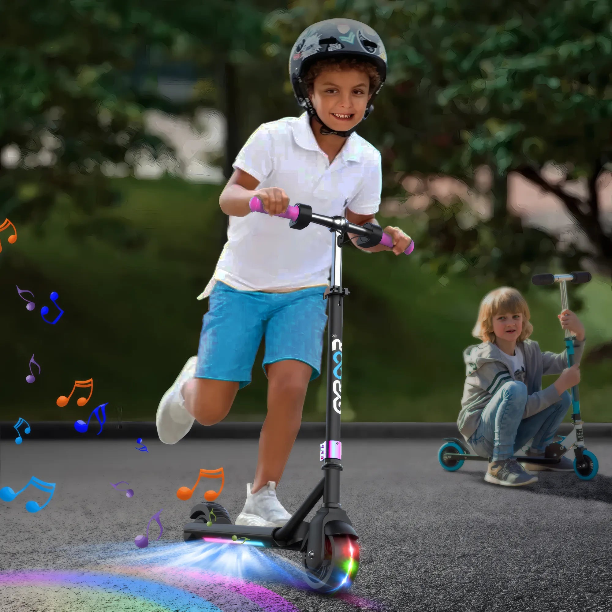 Two children riding GYROOR H30 Max - Black - scooters with colorful lights on a road.