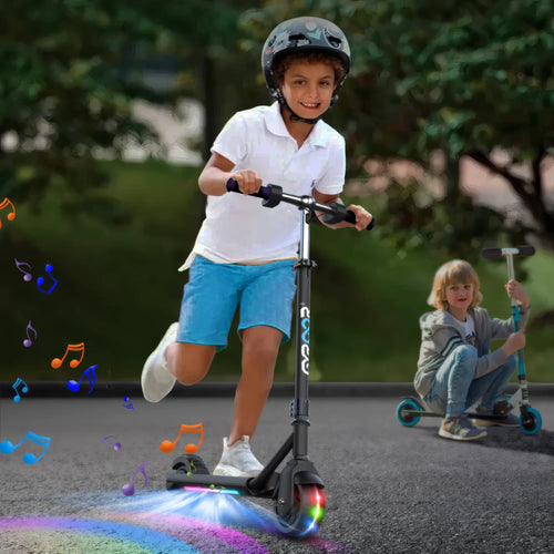 Two children riding GYROOR H30 Max - Black - scooters with colorful lights on a road.