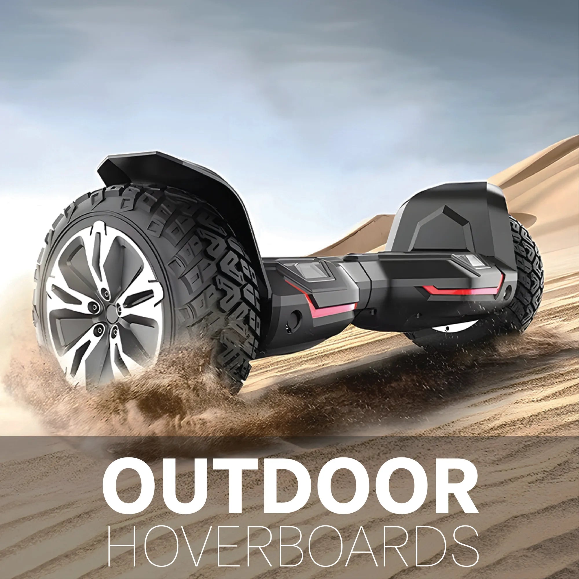 GYROOR G2 off-road outdoor hoverboard on a sandy dune with 'OUTDOOR HOVERBOARDS' text.