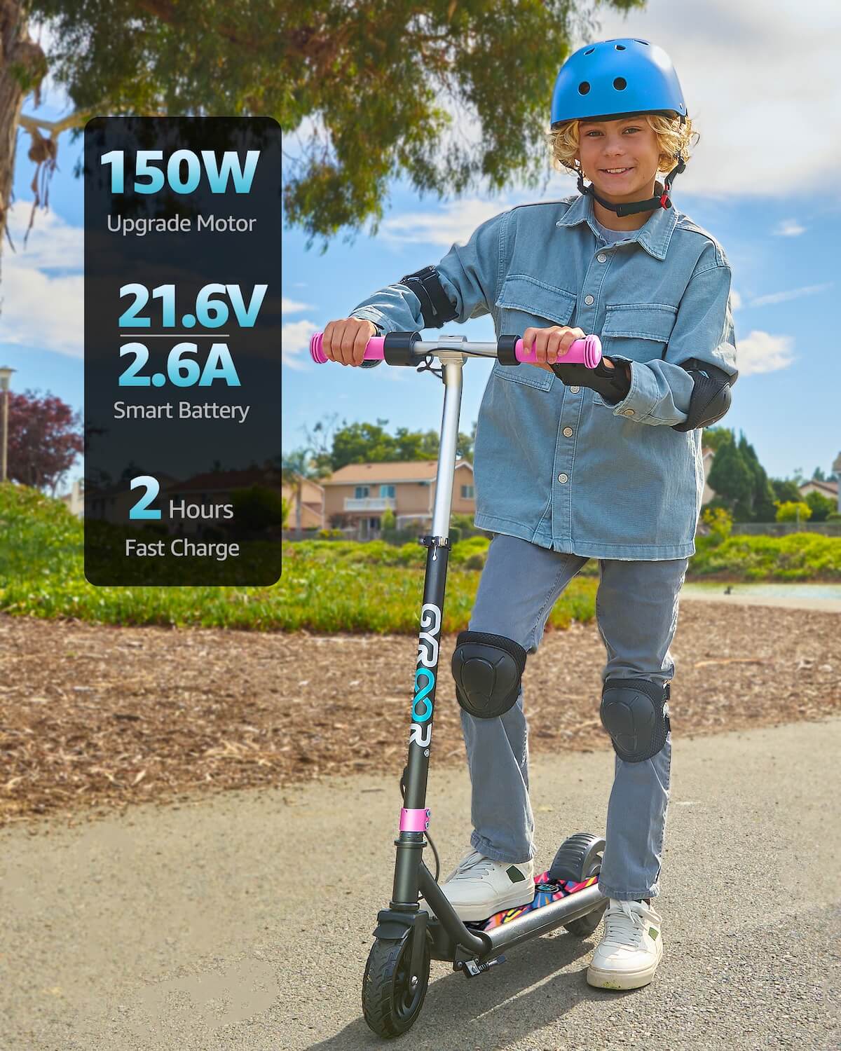 Child in a blue helmet riding a GYROOR H30 Max Pink scooter with a display of scooter specifications in a park on a path, on a sunny day.