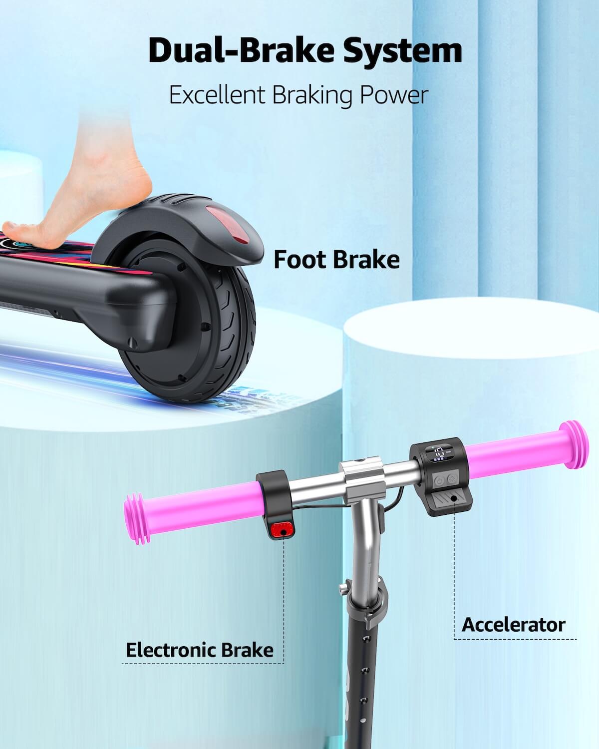 GYROOR H30 Max Pink scooter with dual-brake system on a light blue background.