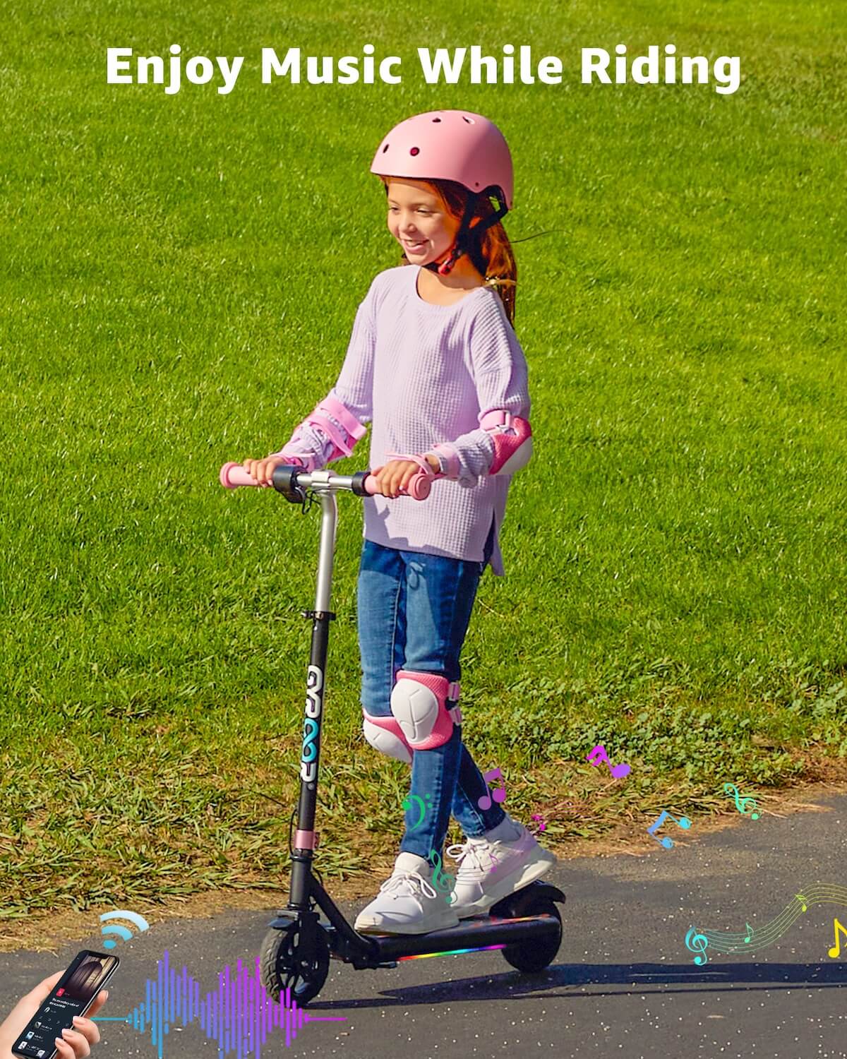 A smiling child riding a GYROOR H30 Max pink scooter with text 'Enjoy Music While Riding' on a grassy background. Colourful music notes indicate bluetooth music capability.