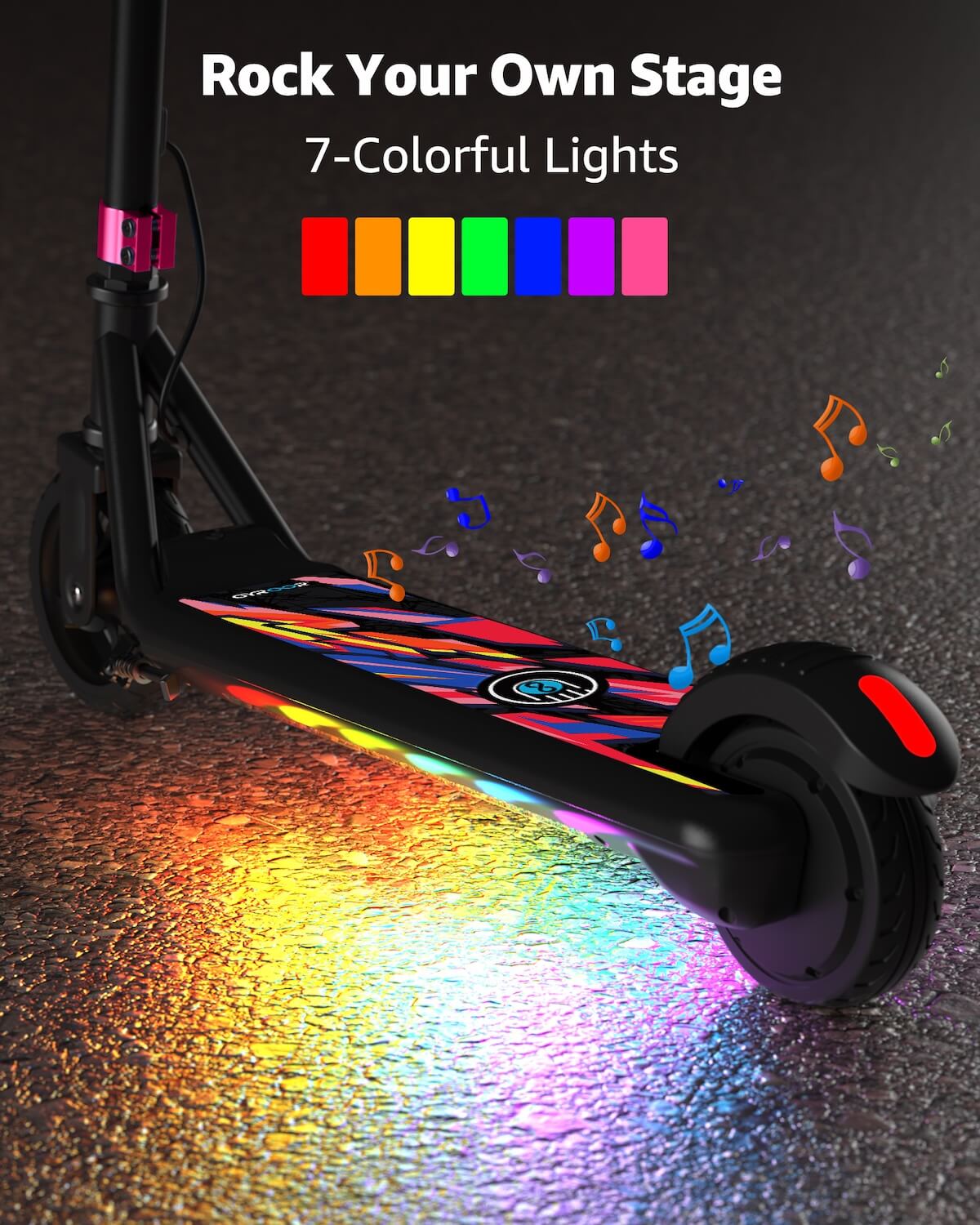GYROOR H30 Max pink scooter with colorful lights on a dark background