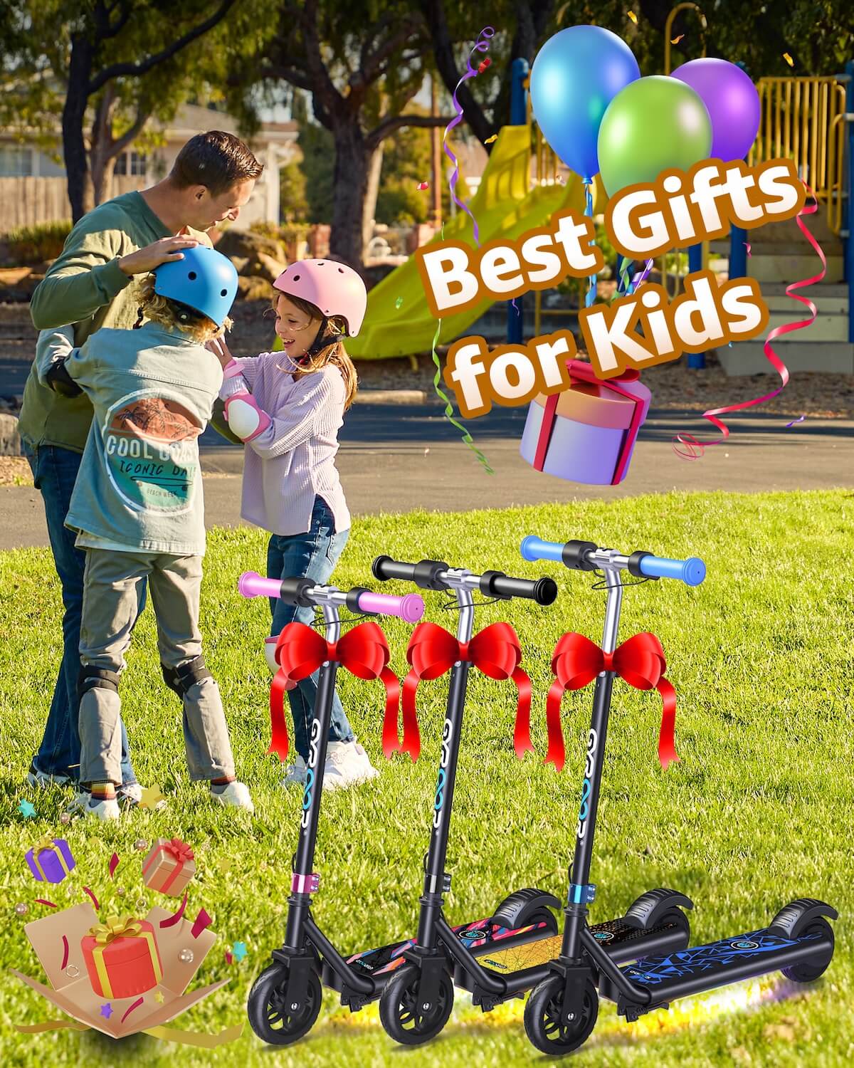 Three GYROOR H30 Max scooters with red ribbons on a grassy area, with children and balloons in the background, labeled 'Best Gifts for Kids'.