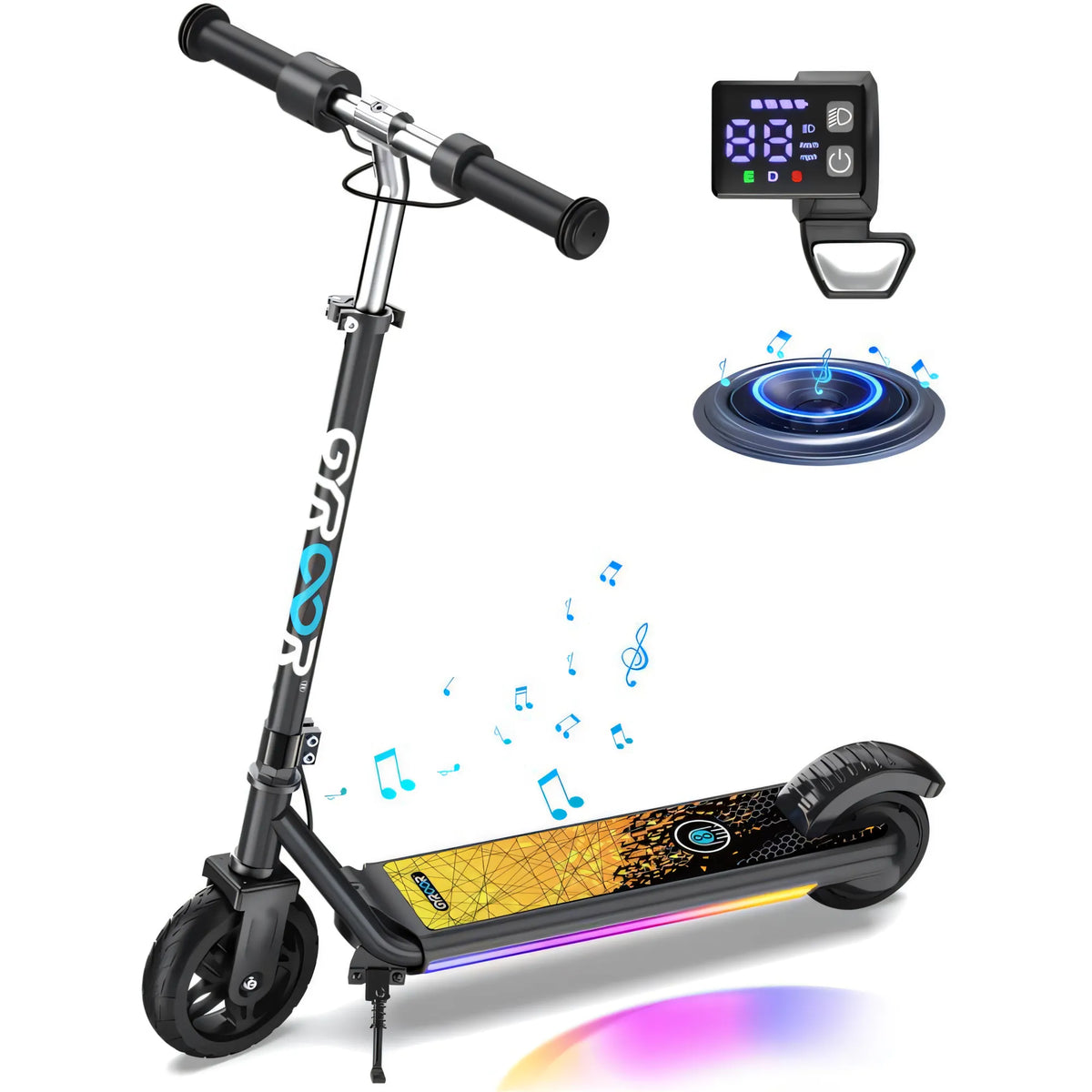 GYROOR H30 Max electric scooter - Black -  with digital display and colorful lights on a white background