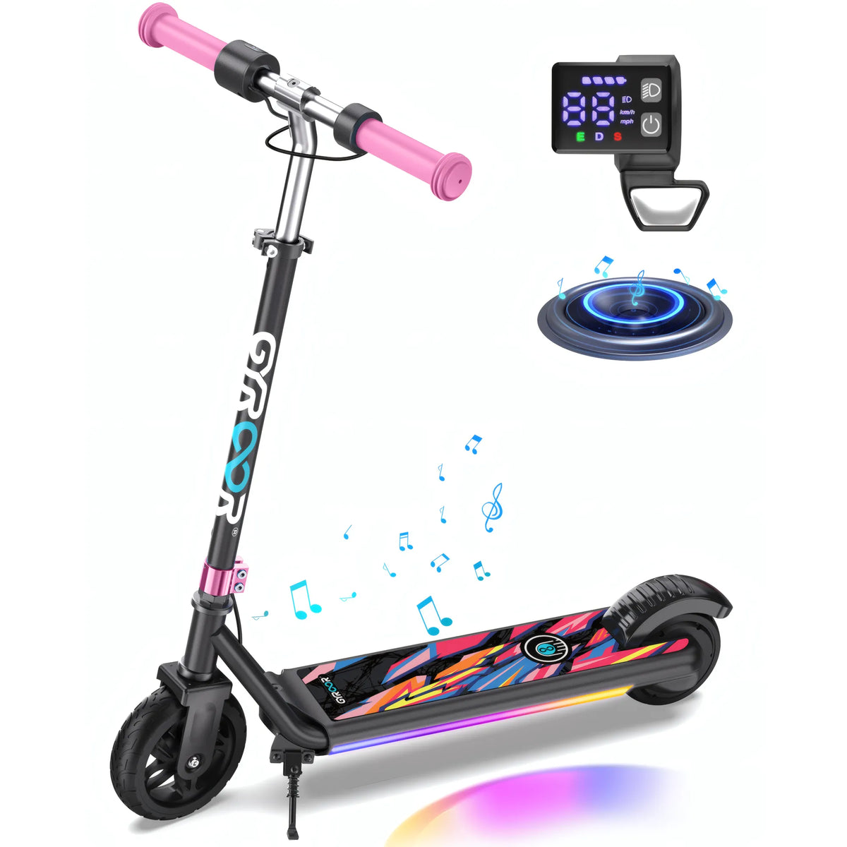 GYROOR H30 Max electric scooter - Pink - with pink handlebar and colorful deck on a white background