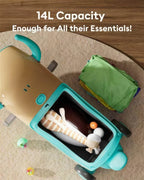 GYROOR GNU Kids Electric Suitcase with toys and a green bag on a wooden floor, highlighting 14L capacity.