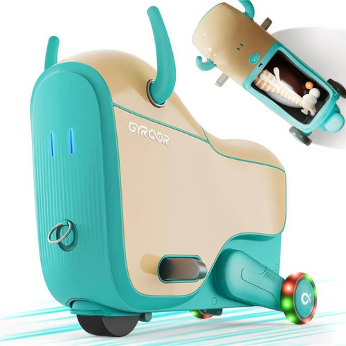 Speeding and colourful GYROOR GNU Kids Electric Suitcase  with turquoise seat and beige body, featuring the brand GYROOR.