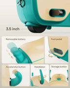Teal and beige GYROOR GNU Kids Electric Suitcase with labeled parts on a beige background
