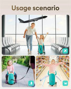 Usage scenario collage of a child riding a teal GYROOR GNU Kids Electric Suitcase with a suitcase strap, with a background of an airplane and airport seats.