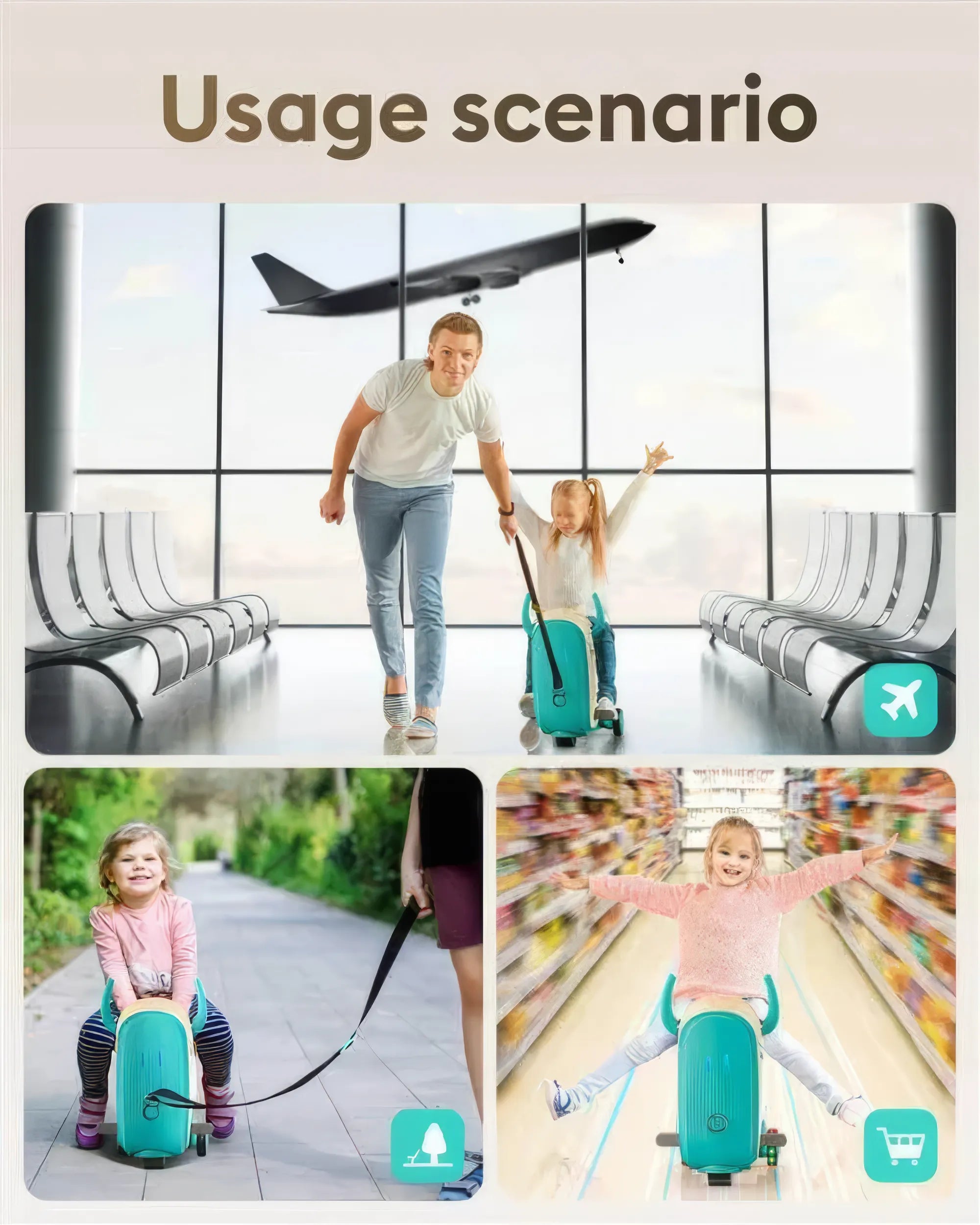 Usage scenario collage of a child riding a teal GYROOR GNU Kids Electric Suitcase with a suitcase strap, with a background of an airplane and airport seats.