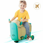 Child sitting on a moving green and beige GYROOR GNU Kids Electric Suitcase with airplane icon