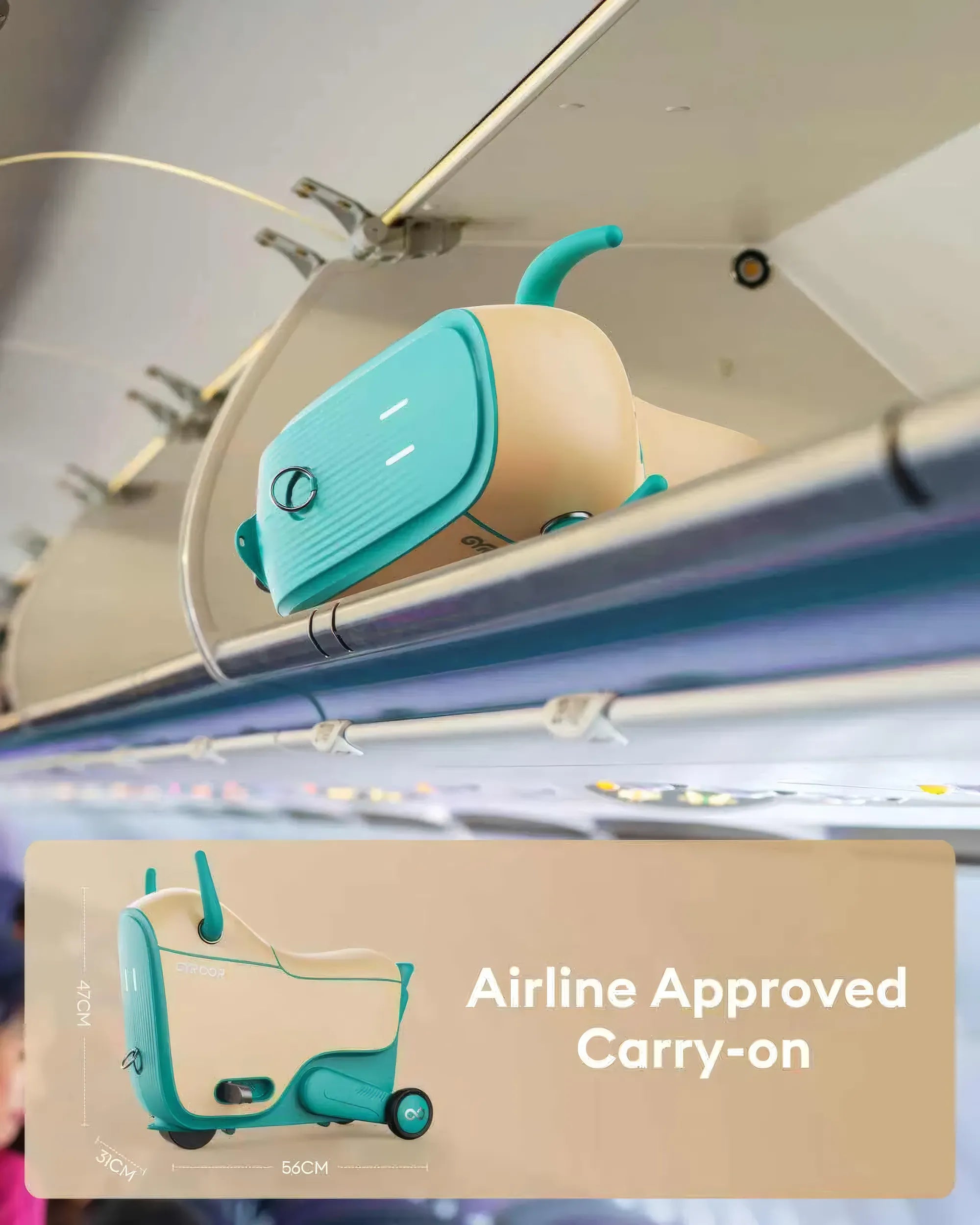 GYROOR GNU Kids Electric Suitcase with teal seat and beige body inside an airplane overhead compartment, labeled 'Airline Approved Carry-on'.