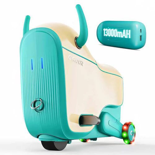 Turquoise and beige GYROOR GNU Kids Electric Suitcase with a detachable battery pack on a white background