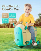 Child riding a GYROOR GNU Kids Electric Suitcase with product specifications on a grassy background